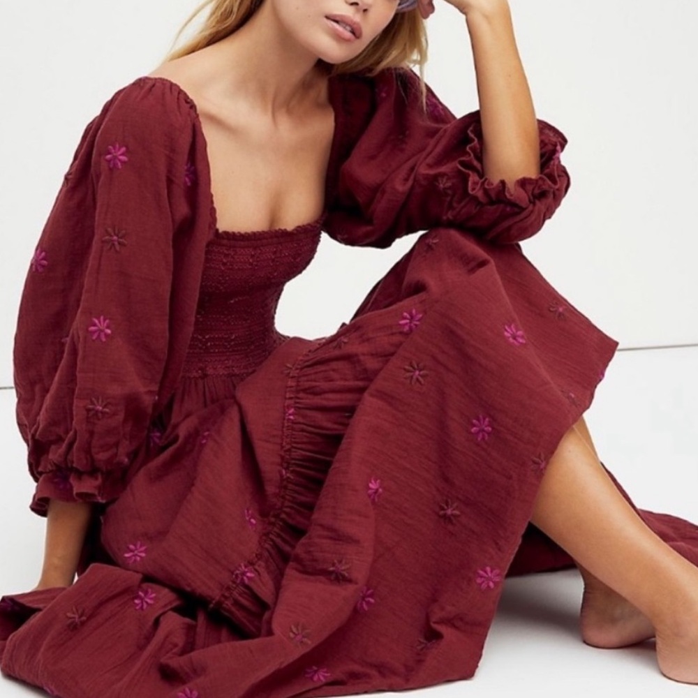Free People Dahlia Embroidered Smocked Top Romantic Cottagecore Maternity Maxi